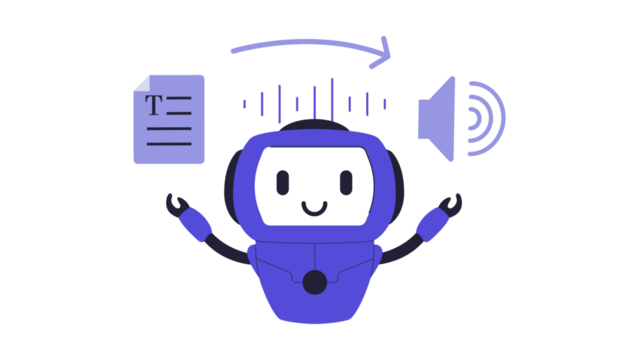 Friendly AI robot character converting text to speech.