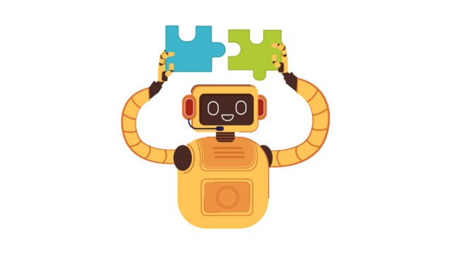 Friendly yellow robot character connecting two jigsaw puzzle pieces.