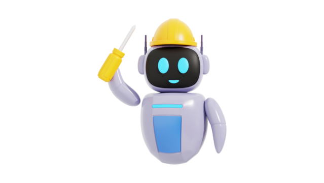 Friendly robot engineer in a hard hat holding a screwdriver. - Powered by Adobe