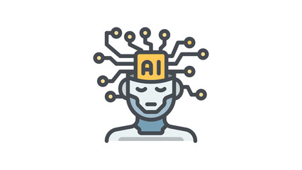 Humanoid robot head with an artificial intelligence chip brain icon.