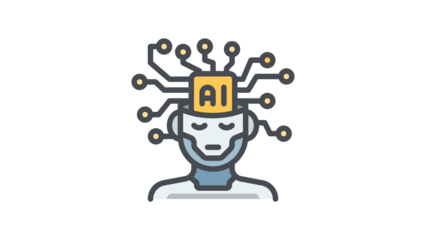 Humanoid robot head with an artificial intelligence chip brain icon.