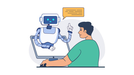 Man Communicating with an AI Robot Assistant on a Laptop.