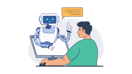 Man Communicating with an AI Robot Assistant on a Laptop.