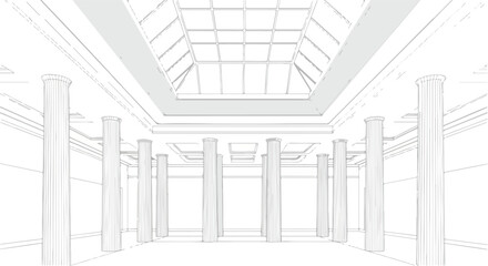 Interior atrium columns architecture perspective vector line art illustration.