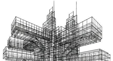 Complex wireframe architecture structure vector line art illustration.