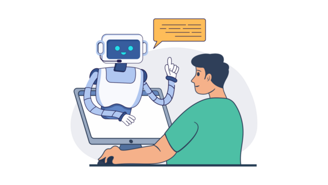 Man Communicating with an AI Robot Assistant on a Laptop.