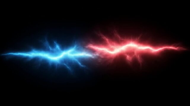 Blue and red electric energy streaks span a dark canvas, glowing with vibrant, crackling power. Now!