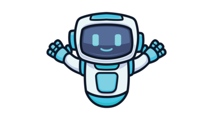 Cute friendly robot mascot with open arms cartoon illustration.