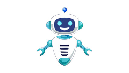 Friendly cartoon robot character with a digital smile.