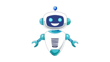 Friendly cartoon robot character with a digital smile.