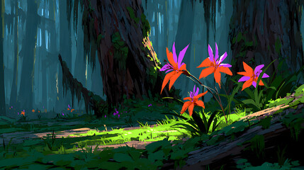 Fototapeta premium Enchanted Forest Glade with Vibrant Flowers and Sunlit Clearing.