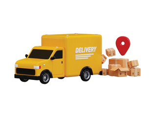 Delivery van loaded with cardboard boxes and location icon 3d render concept of fast delivery car deliver express on shipping and transportation icon vector illustration