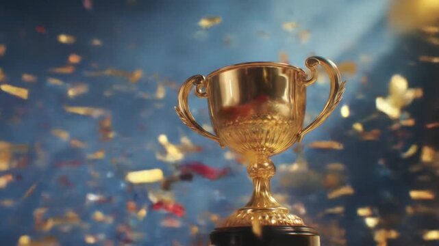 Golden trophy shines amid bursting confetti as a celebratory scene captures victory. as cheers rise!