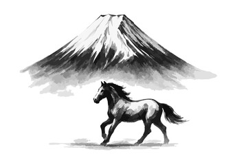 馬と富士山のシルエット年賀状素材