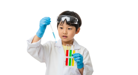 Little boy in lab coat conducting experiment isolated on transparent background