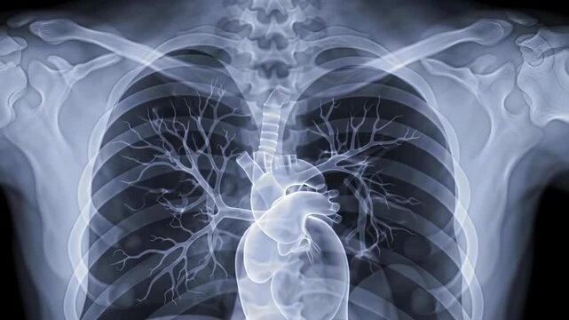 Radiographic Image of Human Chest Skeleton Heart and Lungs Details Display