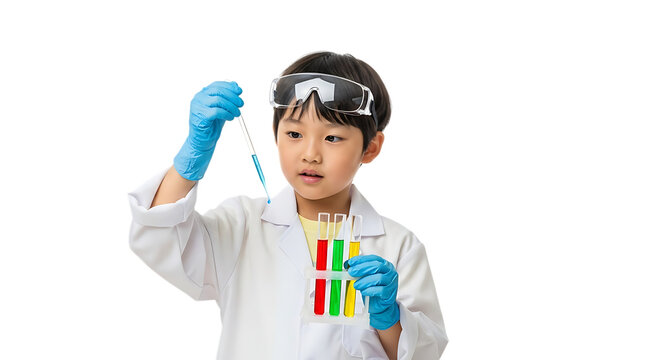Little boy in lab coat conducting experiment isolated on transparent background