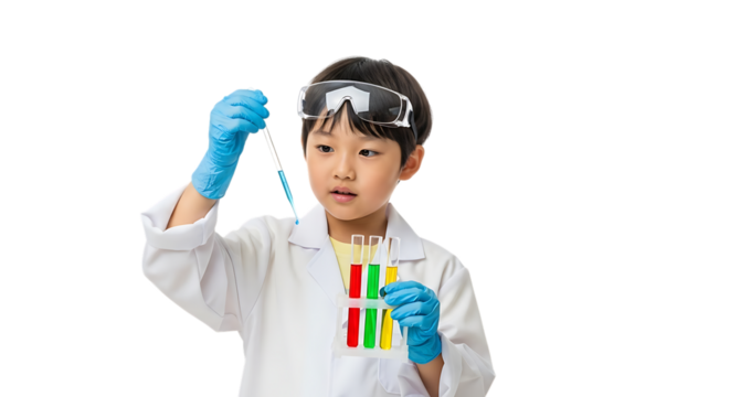 Little boy in lab coat conducting experiment isolated on transparent background