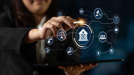 Futuristic digital law interface displaying justice scale, highlighting digital law, AI compliance, digital law systems, and digital law regulations for secure governance. Spline