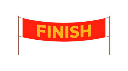 A red finish line banner with yellow text hanging between two brown wooden poles on black background