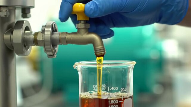 Scientist Dispensing Golden Liquid from Spigot into Beaker in Lab with Blue Gloves