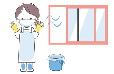 消毒作業のため窓を開けて換気し、手袋とマスクとエプロンを着用して準備している女性のイラスト