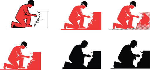 Construction worker repairing wall cracks, bricklayer silhouette in hard hat, building maintenance illustration for architecture, renovation, and engineering design