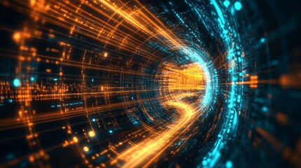 Experience the thrill of data transfer through a vibrant, high-speed digital tunnel in stunning blue and orange hues for a futuristic tech feel