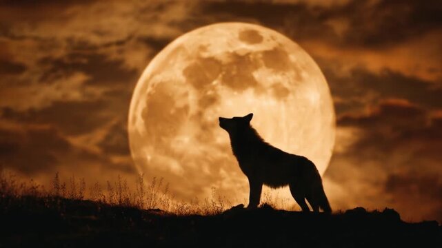 A lone wolf silhouette howls beneath a colossal fullmoon warm skies and dark rolling hills at night
