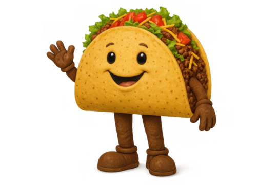 Taco character smiling and waving, representing mexican food, fast food, and restaurant branding on transparent background