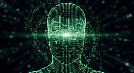 AI Human Head with Glowing Digital Brain and Data Stream