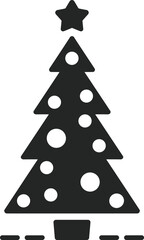 Black Christmas Tree Icon Vector with Star Top, Ornament Circles, Tiered Shape, Minimalist Holiday Design for Festive Seasonal Graphics