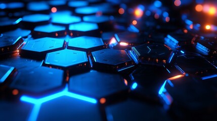 Fototapeta premium Stunning futuristic honeycomb pattern glows with vibrant blue and orange light, perfect for tech, gaming, or modern design projects