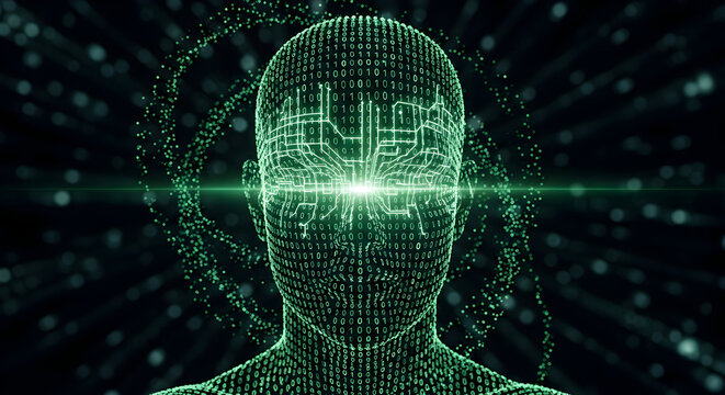 AI Human Head with Glowing Digital Brain and Data Stream