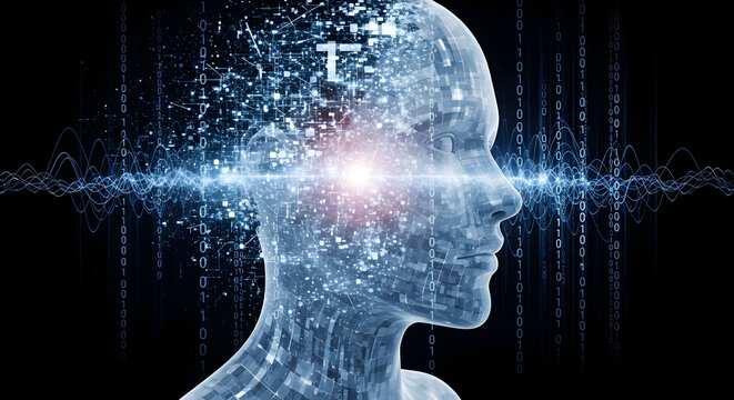 AI Human Head with Digital Data Stream & Glowing Mind. Artificial Intelligence, Consciousness, Technology & Brainpower Concept.