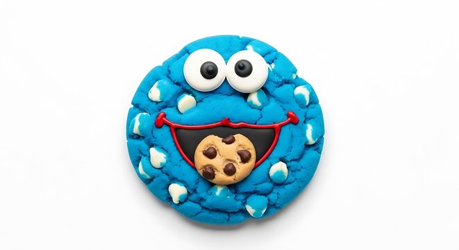 Blue cookie with a happy expression on a white background, delicious dessert treat