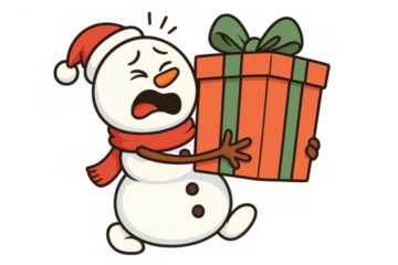 Snowman struggling, running with big gift box, experiencing holiday stress and gifting hardship