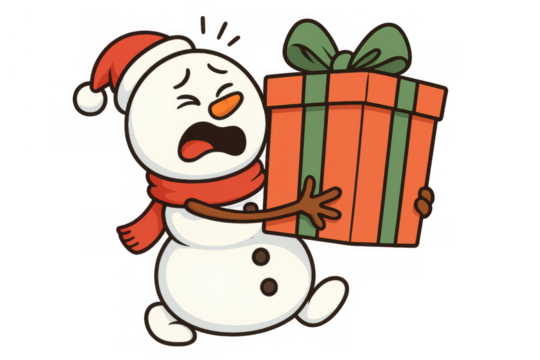 Snowman struggling, running with big gift box, experiencing holiday stress and gifting hardship