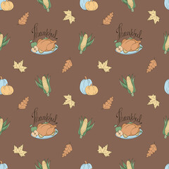Thanksgiving seamless pattern with turkey, pumpkins and corn