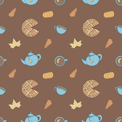 Seamless pattern with pie, tea cup, tea pot and pumpkins