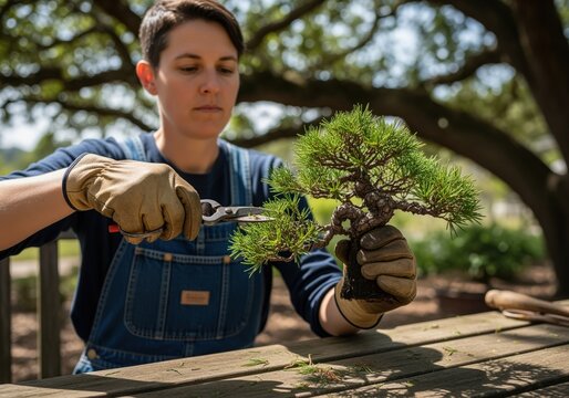 Focused gardener shaping a miniature pine bonsai using pruning shears outdoors. - Powered by Adobe
