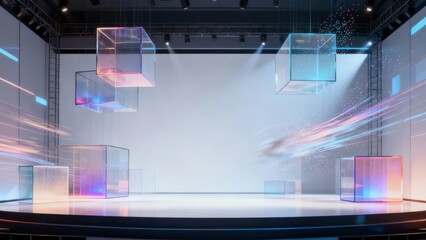 Modern stage setup with floating transparent cubes illuminated by colorful lights and dynamic light trails