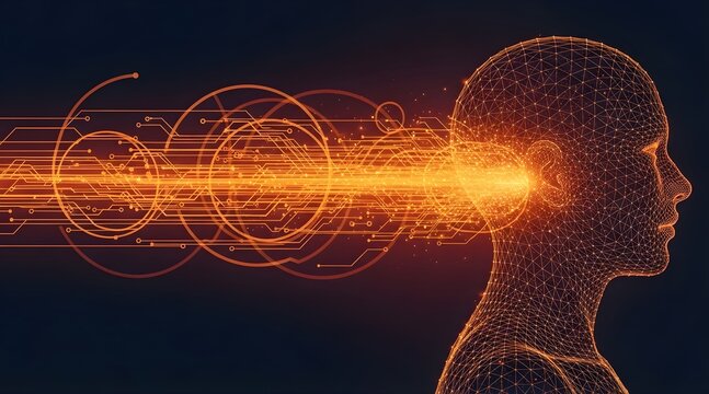 Conceptual visualization of a glowing digital signal transferring information into a wireframe human head, representing the future of communication and artificial intelligence - Powered by Adobe