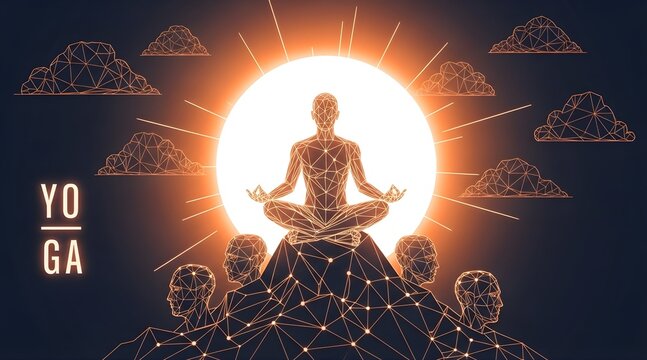 Plexus style illustration of a person in a yoga lotus pose, meditating on a digital mountain peak with a radiant sun