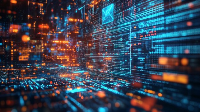 Dynamic digital network background with glowing blue and orange lights, perfect for technology and innovation concepts, modern abstract backdrop for business