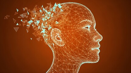 Conceptual digital wireframe human head dissolving, representing artificial intelligence, data processing, memory, and the complex, evolving nature of consciousness in a technological age