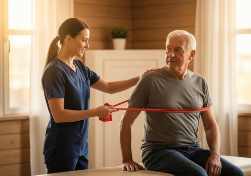 Female physical therapist assists senior man with resistance band exercise during rehabilitation session.
