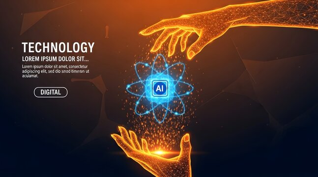 Futuristic polygonal hands cradling a luminous AI atomic core, symbolizing innovation in machine learning and data science