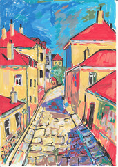 Colorful Street with Red Roofs Expressive Cityscape Painting_upscaled
