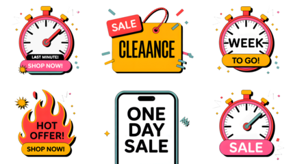 A collection of sale stickers including timers, fire and a phone with one day sale text